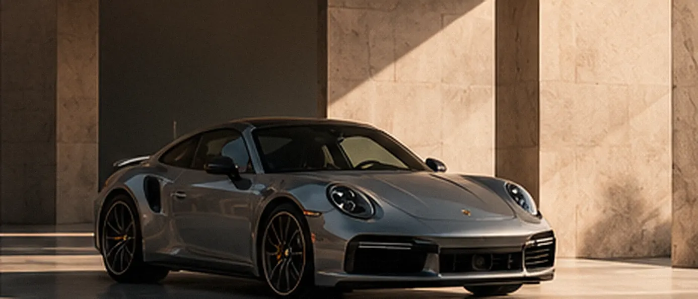 Grey Porsche 911 Turbo S in a stone-clad garage